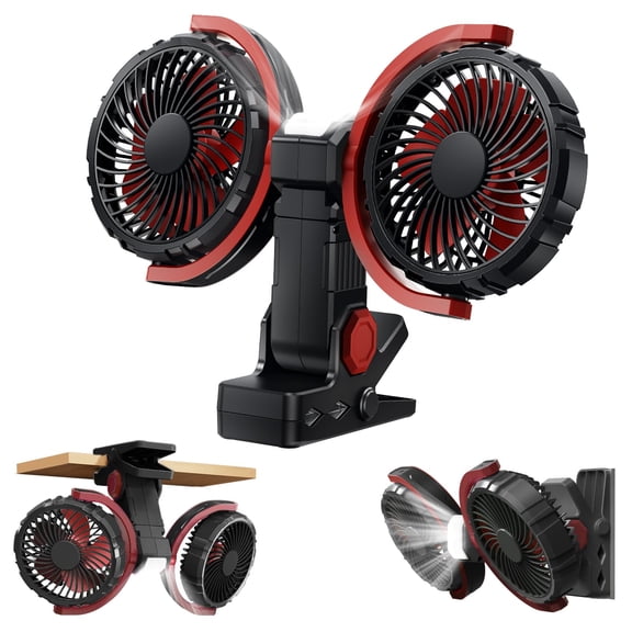 Dual Head Clip on Fan Battery Powered with Light,Portable USB Rechargeable Powerful Desk Table Fans,360°Rotatable Cooling Clamp Fans for Stroller,Car,Golf Cart,Treadmill,Outdoor Camping(Light Green)