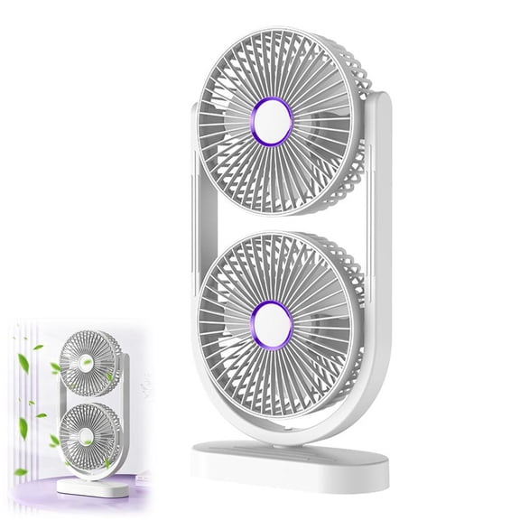 Dual Head Fan with Independent Control, 2400mAh Rechargeable Battery Operated Fan, 360 Rotation & Oscillation Desk Fan, 3 Speeds Quiet Personal Circulator for Office Bedroom Home Travel (14.2)