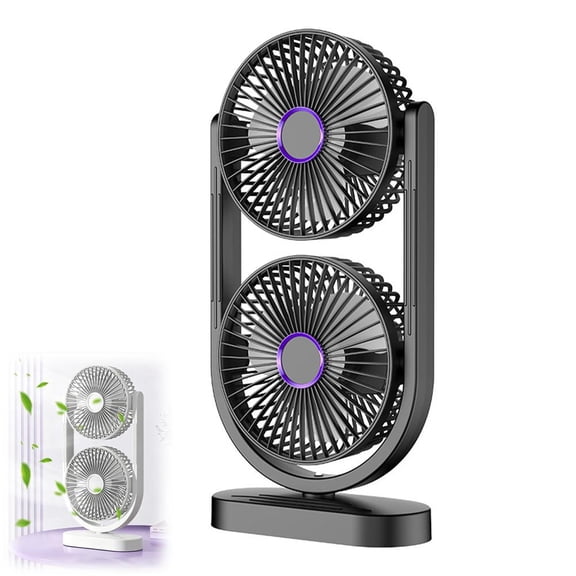 Dual Head Fan with Independent Control, 2400mAh Rechargeable Battery Operated Fan, 360 Rotation & Oscillation Desk Fan, 3 Speeds Quiet Personal Circulator for Office Bedroom Home Travel (14.2)