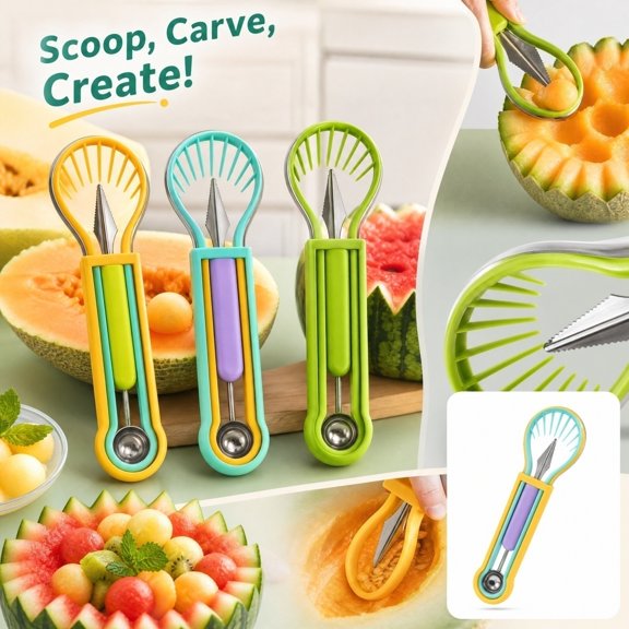 Dual Head Fruit & Melon Prep Gadget, Watermelon Cutter Slicer Tool, Fruit Corer Fruit Seed Remover, Carving Set Festive Fruit Cutter Party Fruit Tool, Yellow Blue Green 3-In-1