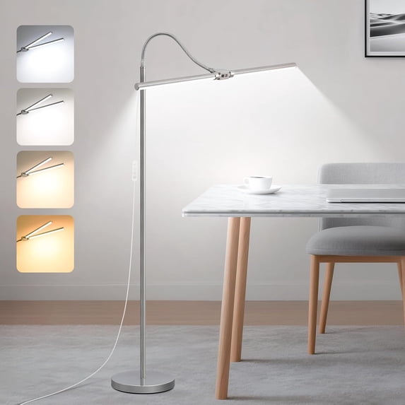 Dual Head LED Floor Lamp, 18W 2000LM Dimmable Adjustable Gooseneck Reading Lamp, Eye Caring Craft Light for Tattoo, Sewing and Puzzle, Standing Floor Lamp for Living Room, Bedroom, Office, Silver