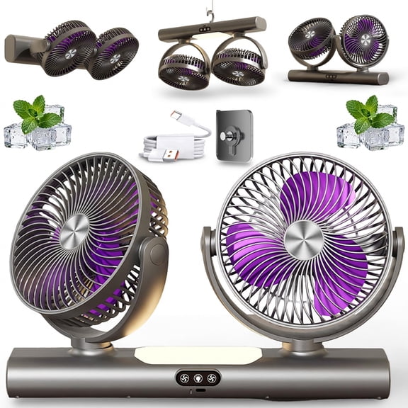Dual Head Oscillating Ceiling Fan, Dual Independent Control, 3-Speed Adjustable Wind, Powerful Double Airflow Space, Night Light, Portable USB Powered Saving Hanging Fan for Home, Office