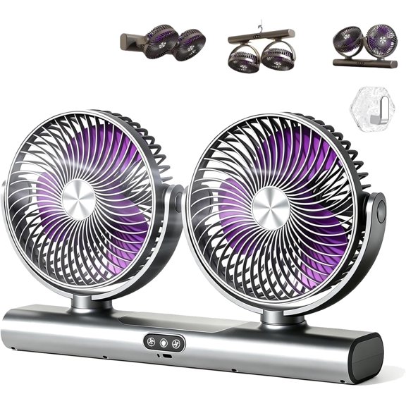 Dual Head Oscillating Ceiling Fan, USB Portable Fan with Dual Independent Control, 3-Speed Adjustable Wind and Night Light for Bedroom, Office, Camping (Gray*1)
