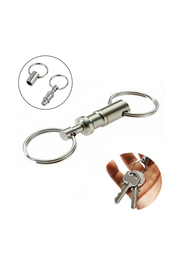 Dual-Head Quick Release Keychain, Detachable Pull Apart Key Ring, Heavy Duty Removable Keyring Chain for Car Keys, Work Belt, Tools – Silver