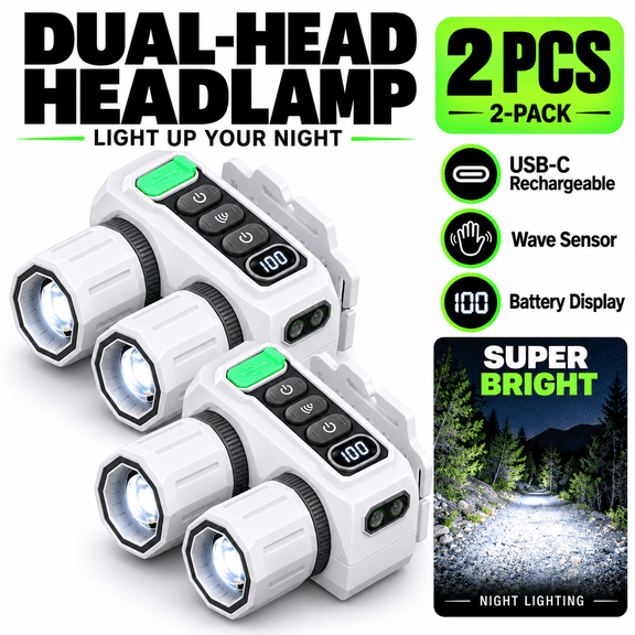 Dual-Head Rechargeable Headlamp, USB-C Charging, Wave Sensor, Battery Level Display, White and Red Light Modes, 0-90 Adjustable Light Heads, White, 2-Pack