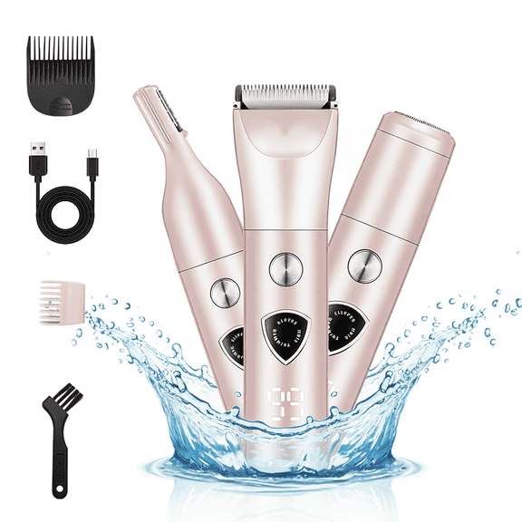 Bikini Trimmer for Women: 3 in 1 Electric Razors with LED Display - Waterproof Wet & Dry Use Hair Trimmer Kit for Ladies Pubic Legs Face Underarms, Portable Womens Body Shavers Set