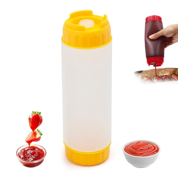 Dual-Head Squeeze Bottle, Leak-Proof Hanging Condiment Dispenser for Ketchup Mayo Mustard, PE Sauce Bottle for Kitchen, BBQ, Countertop, Mess-Free Dispensing(yellow)