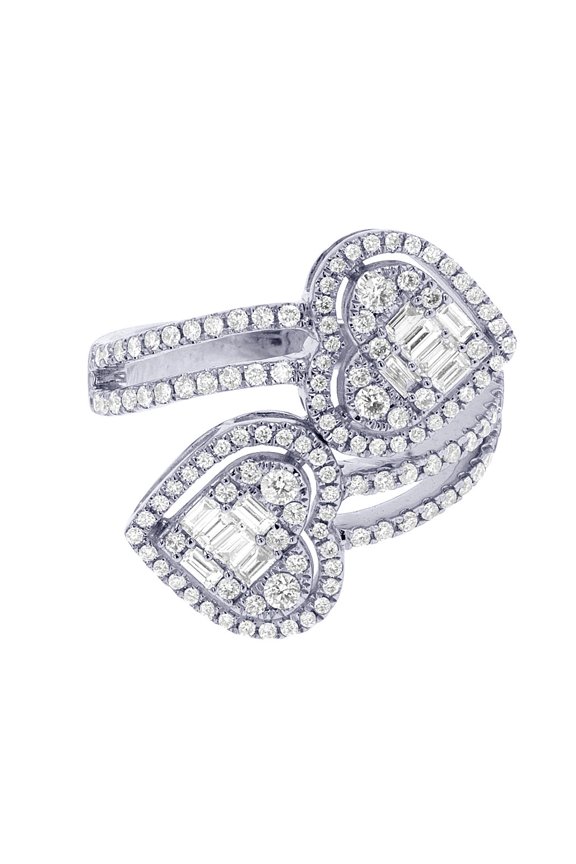 Dual Heart Loop Diamond Engagement Ring, Bypass Shank Wedding Ring, 14K White Gold Plated, 2.3 Ct Simulated Diamond, Ring For Loved Ones