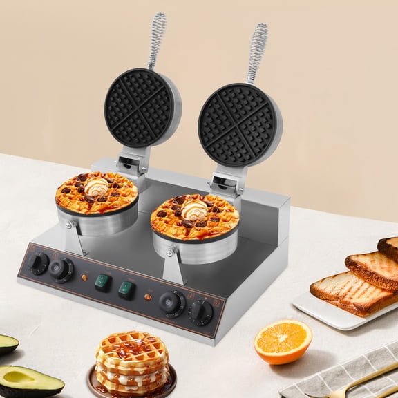 Dual Heating Plates Waffle Maker 2.4kW Adjustable Temp/Time Non-Stick Mold