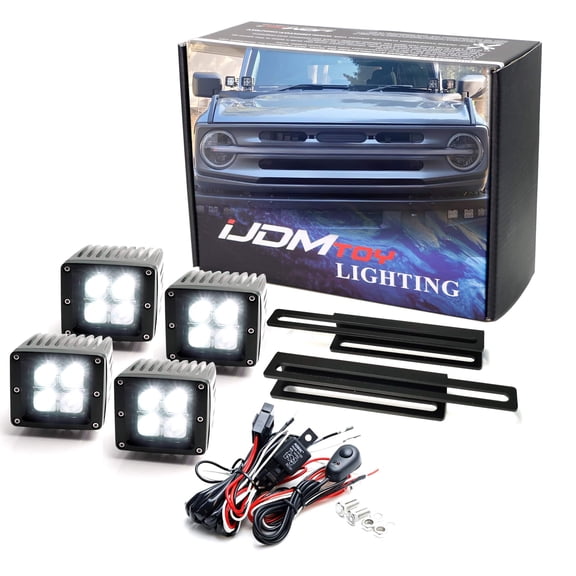 Dual High Power 3-Inch LED Pods A-Pillar/Windshield Driving Lighting Kit For 2021-up Ford Bronco, (4) 2x2 LED Pod Light, Heavy Duty Mounting Brackets & On-Off Relay Wiring