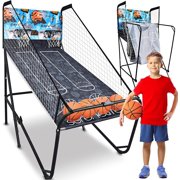 Dual Hoop Basketball Shootout Indoor Home Arcade Room Game with Electronic LED Digital Double Basket Ball Shot Scoreboard & Play Timer Fold-up Court Shooting Sports for Kids&Adults Player