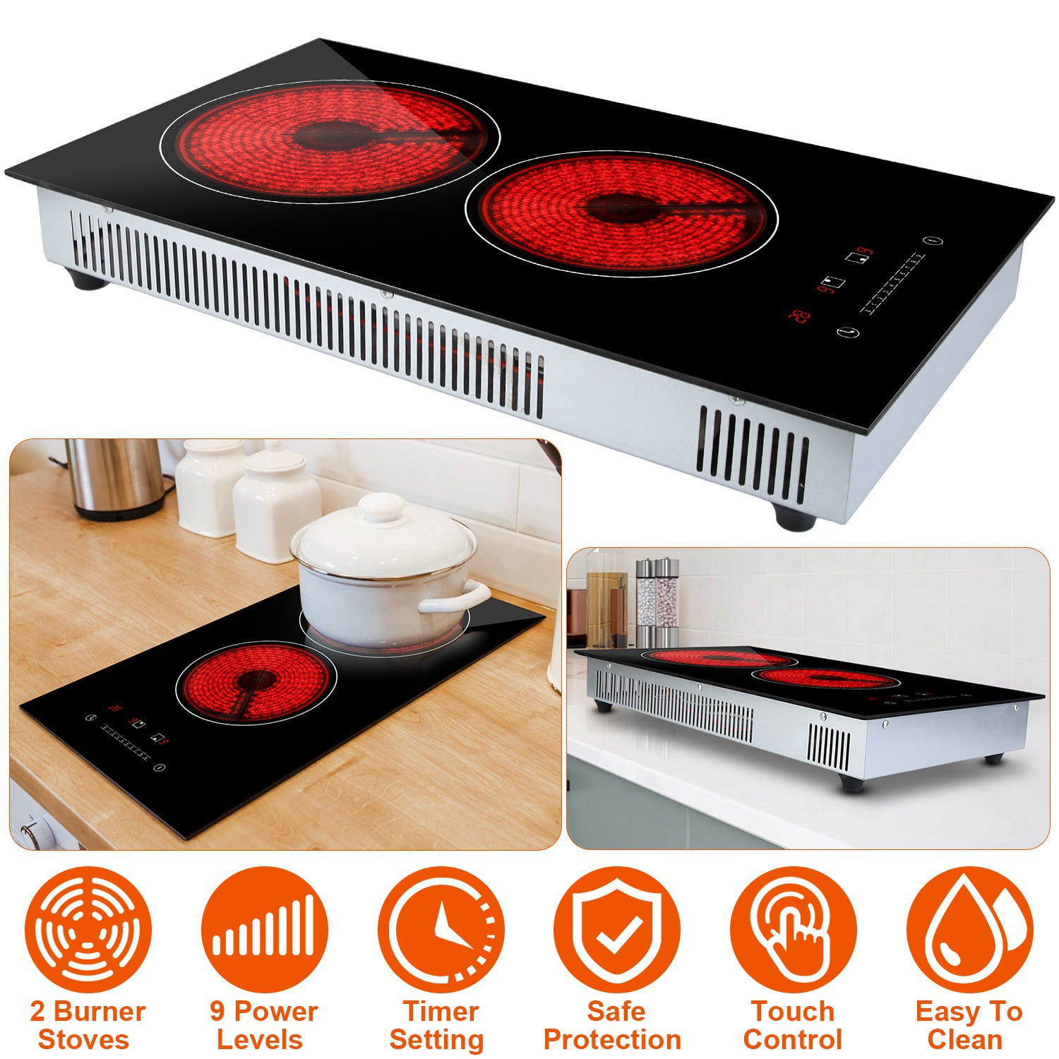 Dual Induction Burners Electric Cooktop 110V 1900W Built in Electric Ceramic Stove with Timer 9 Firepower Levels Overheating Protection