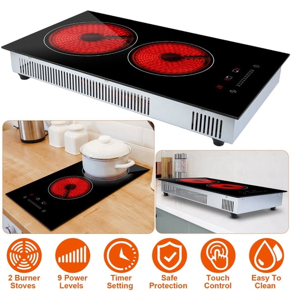 Dual Induction Burners Electric Cooktop 110V 1900W Built in Electric Ceramic Stove with Timer 9 Firepower Levels Overheating Protection