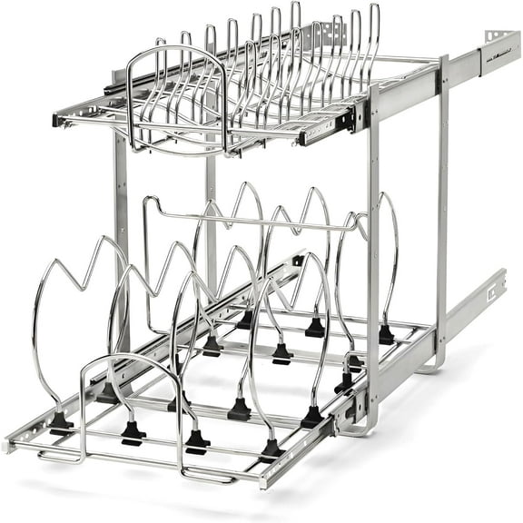 Dual Kitchen Cabinet Pullout Organizer, Min Open Width of 11.5" | 2-Tier U-Shaped Cookware Storage Rack for Pots, Pans, and Lid Cookware, Adjustable Heavy Duty Wire, Chrome, 5CW2-1222-CR