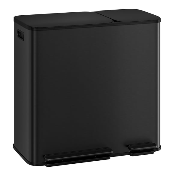 Dual Kitchen Trash Can 13.2 + 5.2 gal (50+20L) Stainless Steel Trash Cans with Soft Close Lid Large Double Garbage and Recycling Bin with 2 Removable Inner Buckets Step-on Metal Garbage Cans Black
