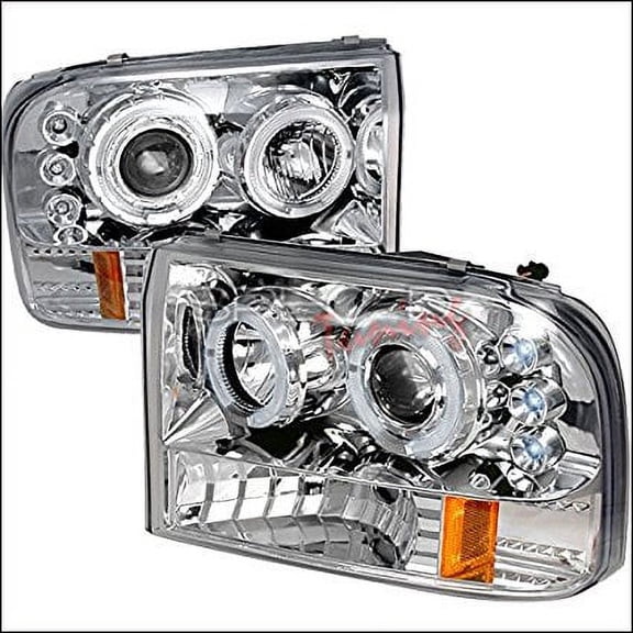 Dual LED Halo Projector Headlight In Chrome Housing Clear Lens Made For And Compatible With 1999 - 2004 Ford F250 F350 F450 F550 Excursion 99 00 01 02 03 04