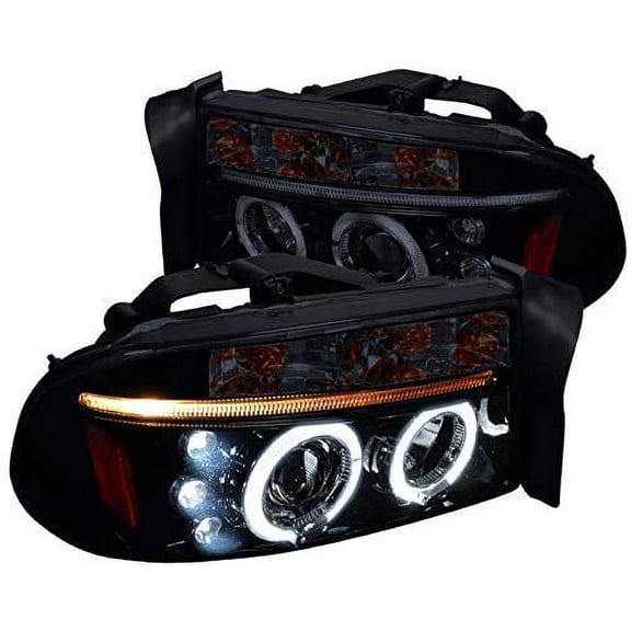 Dual LED Halo Projector Headlight In Gloss Black Housing Smoke Lens Made For And Compatible With 1997 - 2004 Dodge Dakota Durango 97 98 99 00 01 02 03 04