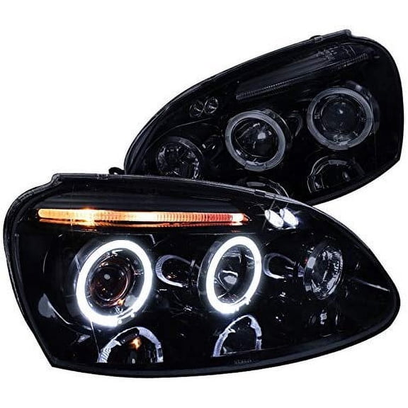 Dual LED Halo Projector Headlight In Gloss Black Housing Smoke Lens Made For And Compatible With 2006 - 2010 Volkswagen VW Golf Rabbit GTI Jetta 06 07 08 09 10