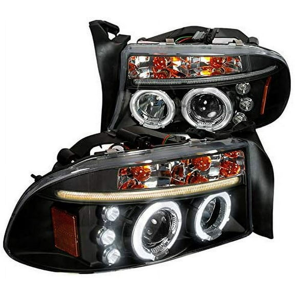 Dual LED Halo Projector Headlight In Black Housing Clear Lens Made For And Compatible With 1997 - 2004 Dodge Dakota Durango 97 98 99 00 01 02 03 04
