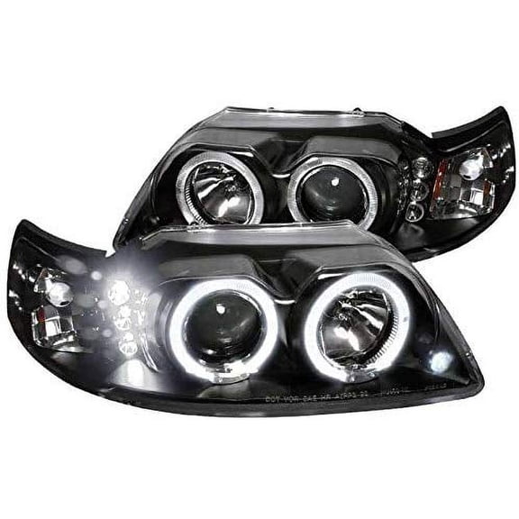 Dual LED Halo Projector Headlight In Black Housing Clear Lens Made For And Compatible With 1999 - 2004 Ford Mustang 99 00 01 02 03 04