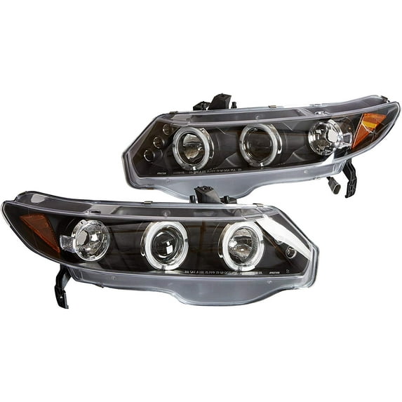 Dual LED Halo Projector Headlight In Black Housing Clear Lens Made For And Compatible With 2006 - 2011 Honda Civic Coupe 2 Dr 06 07 08 09 10 11
