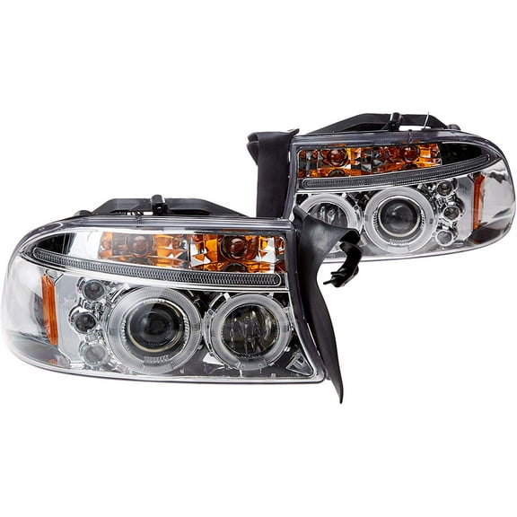 Dual LED Halo Projector Headlight In Chrome Housing Clear Lens Made For And Compatible With 1997 - 2004 Dodge Dakota Durango 97 98 99 00 01 02 03 04