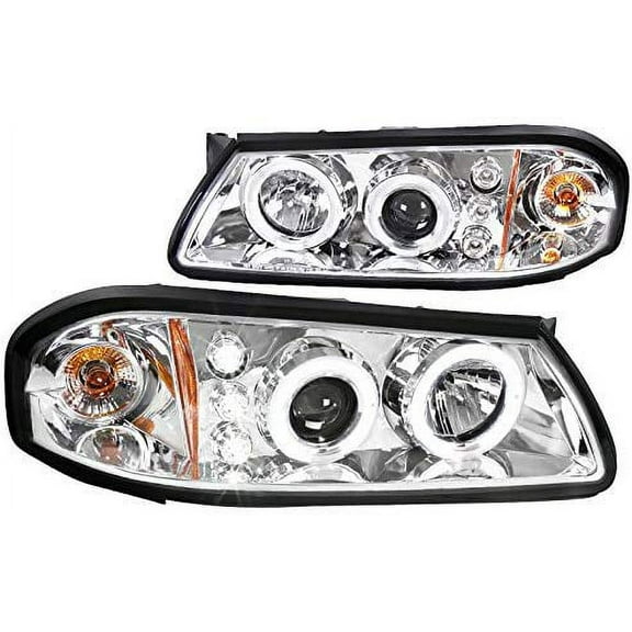 Dual LED Halo Projector Headlight In Chrome Housing Clear Lens Made For And Compatible With 2000 - 2005 Chevy Chevrolet Impala 00 01 02 03 04 05