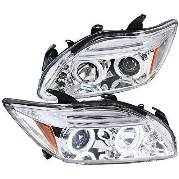 Dual LED Halo Projector Headlight In Chrome Housing Clear Lens Made For And Compatible With 2005 - 2010 Scion tC 05 06 07 08 09 10