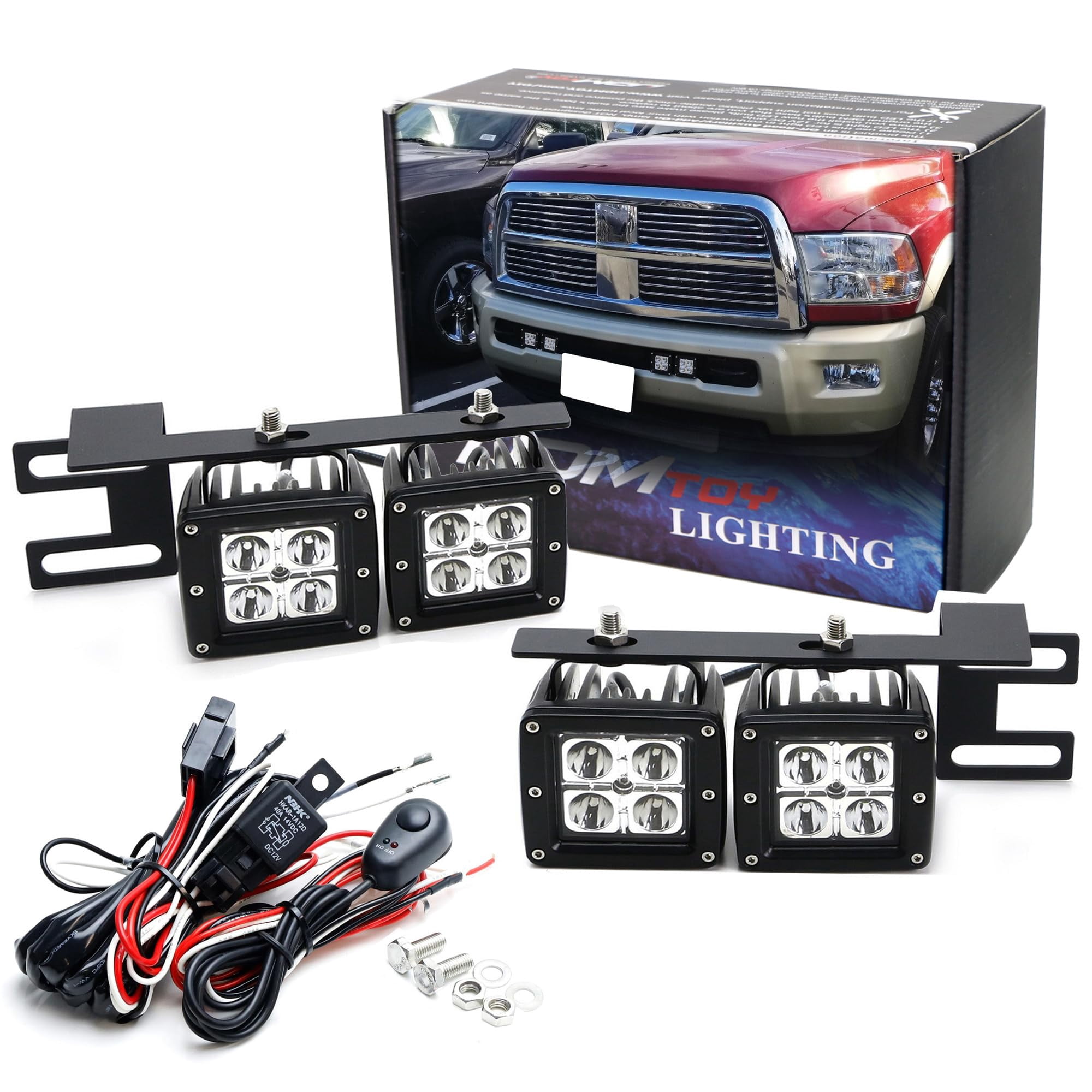 Dual LED Pod Light Fog Lamp Kit For 2010-18 Dodge RAM 2500 3500, Includes  (4) 20W High Power LED Cubes, Lower Bumper Area Mounting Brackets & On/Off  Switch Wiring Kit