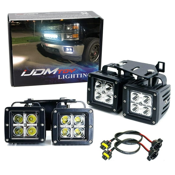 Dual LED Pod Light Fog Lamp Kit For 2014-15 Chevy Silverado 1500, Includes (4) 20W High Power LED Cubes, Foglight Location Mounting Brackets & Wiring/Adapter Harnesses