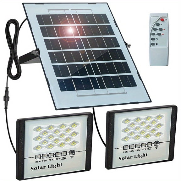 Dual Lamps Solar Flood Lights Outdoor Dusk to Dawn with Remote Control Timer Power Indicator LEDs 6500K 3000LM Solar Security Street Lights Outside for Garage Porch Yard Barn