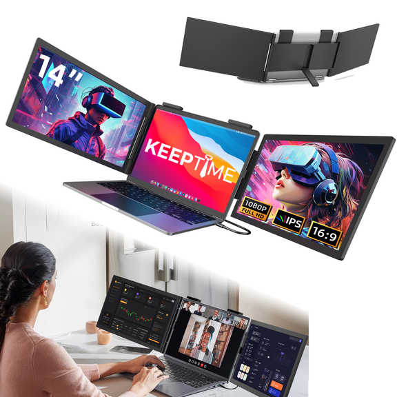 KEEPTIME Laptop Screen Extender Monitor Portable, 14" FHD 1080P IPS Triple Portable Monitor for 13"-16.5" Laptop Extension