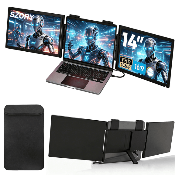 Dual Laptop Screen Extender, 14" 1080P IPS Portable Triple Monitor for 13-16.5" Laptops with USB-C Port, Plug and Play, Attachment Screen for Windows/Mac/Android/Switch/PS5/Xbox