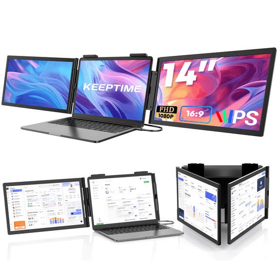KEEPTIME Dual Laptop Screen Extender, 14\" FHD 1080P IPS Triple Portable Monitor for 13\"-16.5\" Laptop Extension