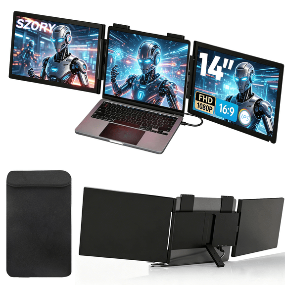 Dual Laptop Screen Extender, 14" 1080P IPS Portable Triple Monitor for 13-16.5" Laptops with USB-C Port, Plug and Play, Attachment Screen for Windows/Mac/Android/Switch/PS5/Xbox
