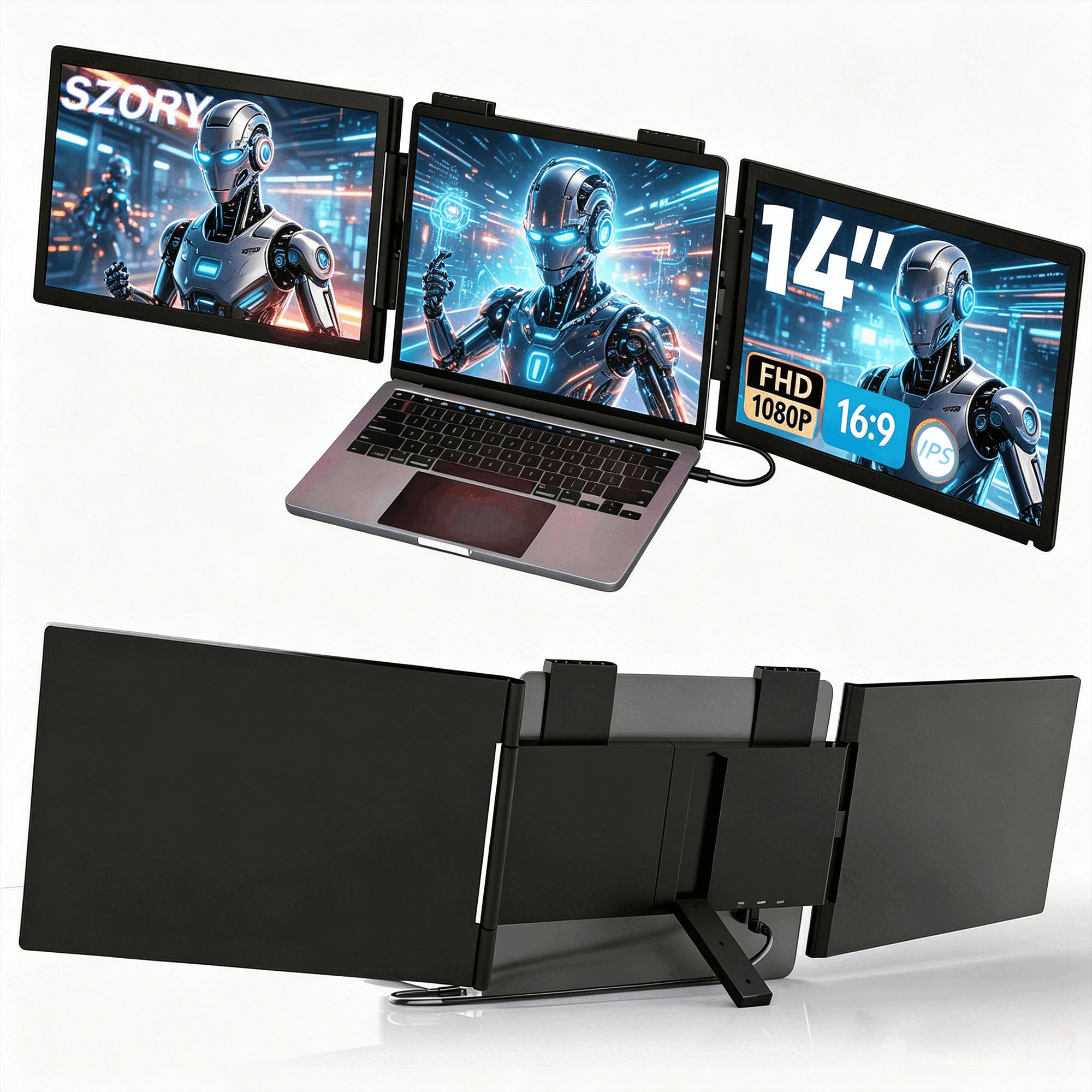 Dual Laptop Screen Extender, 14" 1080P IPS Portable Triple Monitor for 13-16.5" Laptops with USB-C Port, Plug and Play, Attachment Screen for Windows/Mac/Android/Switch/PS5/Xbox