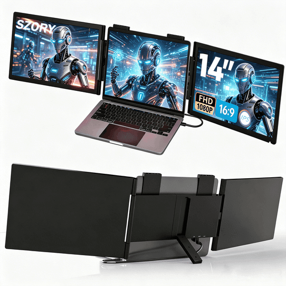 Dual Laptop Screen Extender, 14" 1080P IPS Portable Triple Monitor for 13-16.5" Laptops with USB-C Port, Plug and Play, Attachment Screen for Windows/Mac/Android/Switch/PS5/Xbox