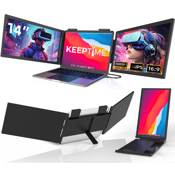 KEEPTIME Laptop Screen Extender 14", Triple Monitor for 13"-16.5" Laptops, 1080P FHD IPS Dual Display, Portable Foldable Screen with USB-C/HDMI, Plug & Play for Windows/Mac/Chrome