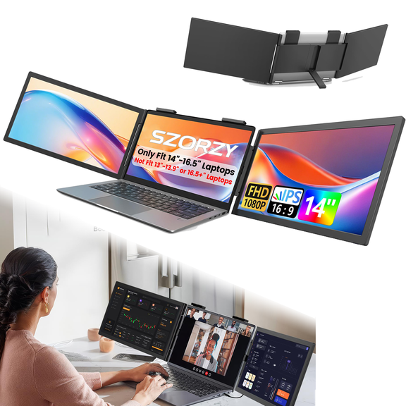 Dual Laptop Screen Extender, 14" 1080P IPS Portable Triple Monitor for 14-16.5" Laptops with USB-C Port, Plug and Play, Attachment Screen for Windows/Mac/Android/Switch/PS5/Xbox