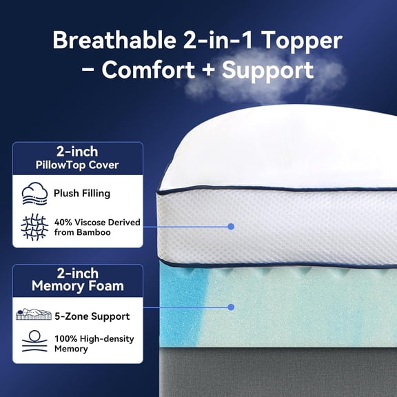 Dual Layer 4 Inch Memory Foam Mattress Topper Queen with Cooling Gel and Pillow Top