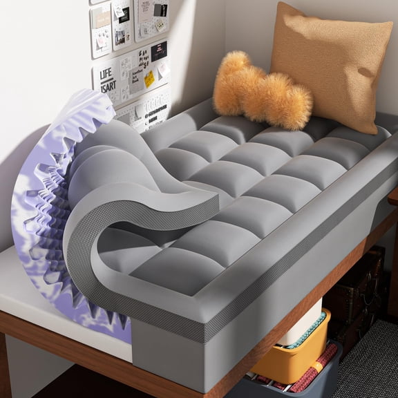 Dual Layer 4 Inch Memory Foam Mattress Topper Twin XL - 2 Inch Gel Memory Foam and 2 Inch Pillow Top Mattress Pad, 7-Zone Egg Crate Twin XL Size Mattress Topper (Grey)
