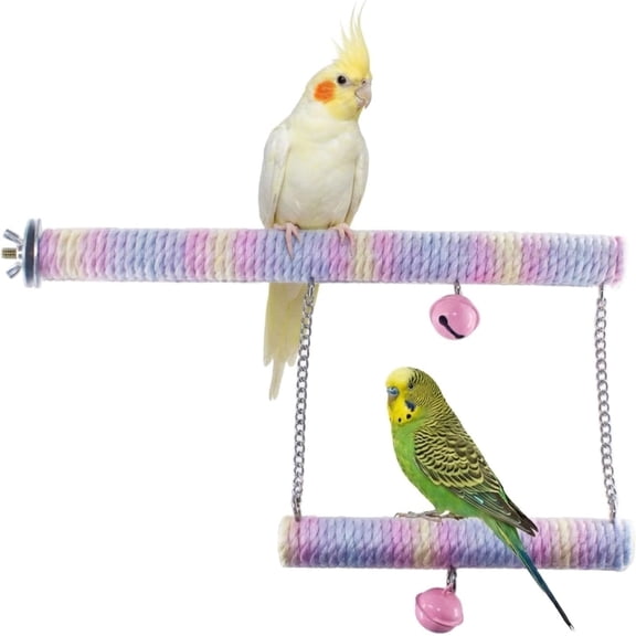 Dual-Layer Bird Swing Perch with Bells Rainbow Cotton Rope Cage Parrots Toys for Parakeet Conure Cockatiel Mynah Love Birds Finches