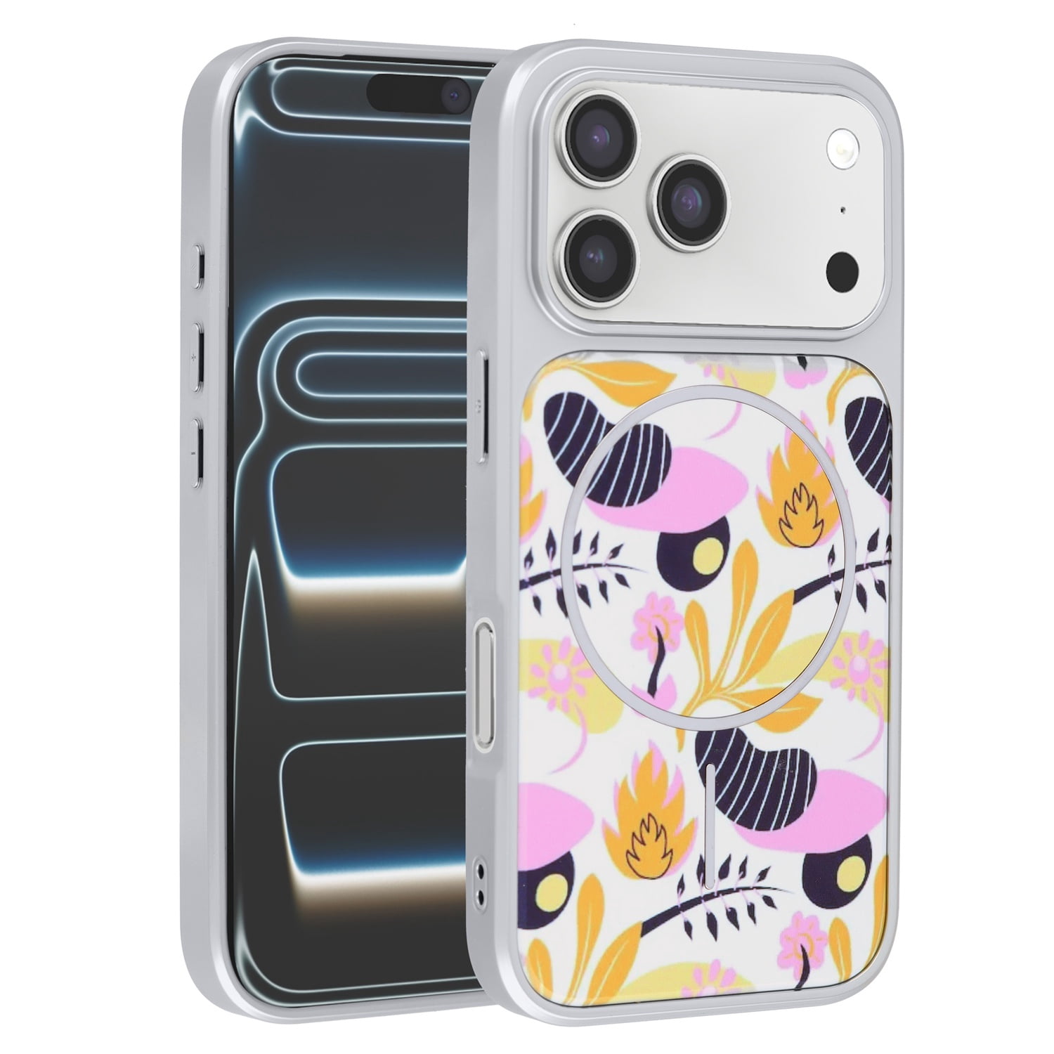 Dual Layer Floral Phone Case Compatible with MagSafe for iPhone 17 Pro Max - White