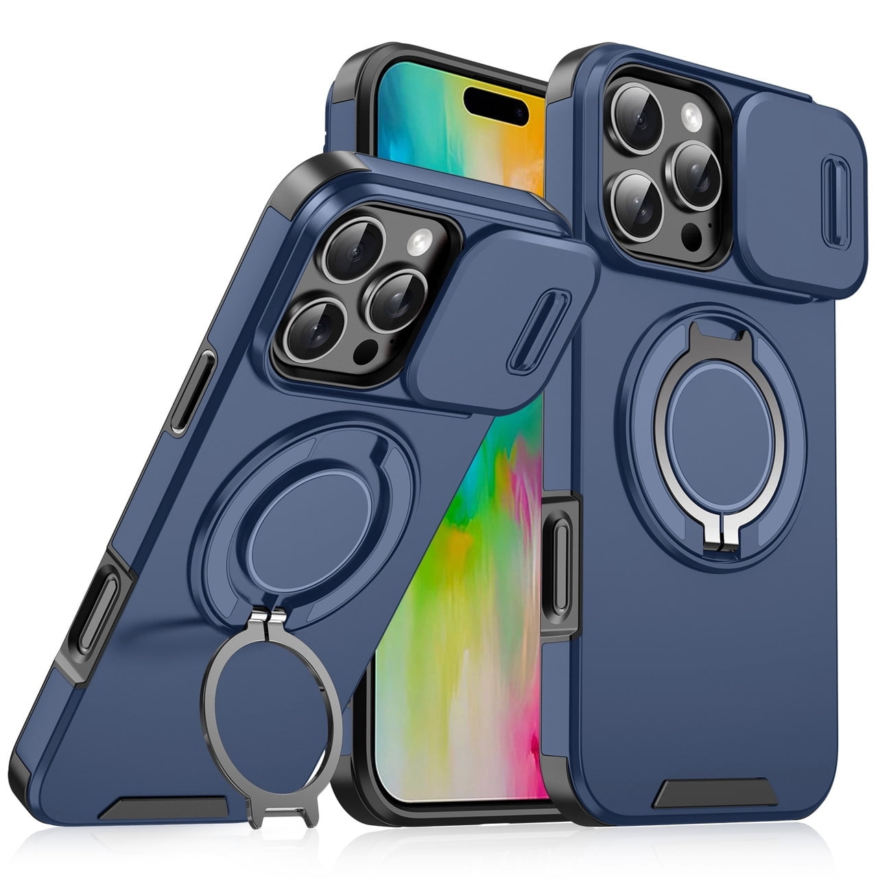 Dual Layer MagSafe Case with Rotating Stand and Privacy Camera Cover for iPhone 16 Pro Max - Blue