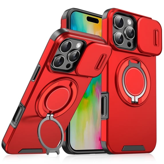 Dual Layer MagSafe Case with Rotating Stand and Privacy Camera Cover for iPhone 16 Pro Max - Red