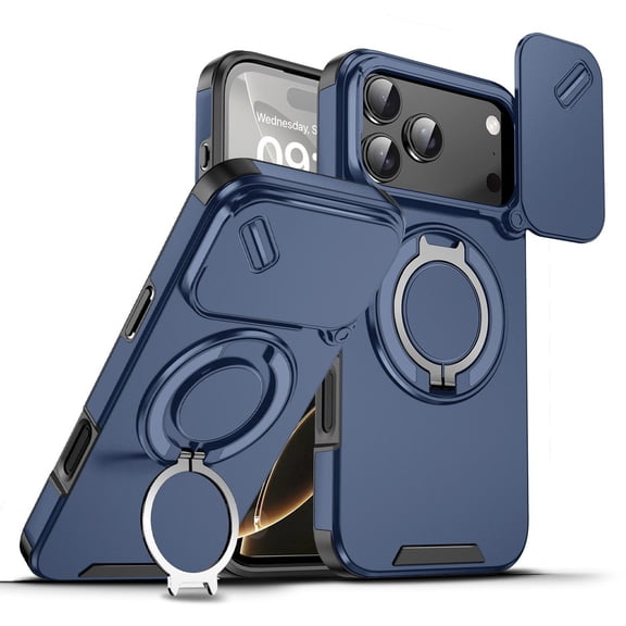 Dual Layer Magnetic Ring Case with Rotating Stand and Privacy Camera Cover for iPhone 17 Pro - Blue