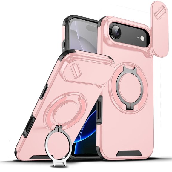 Dual Layer Magnetic Ring Case with Rotating Stand and Privacy Camera Cover for iPhone Air - Pink