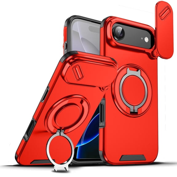 Dual Layer Magnetic Ring Case with Rotating Stand and Privacy Camera Cover for iPhone Air - Red