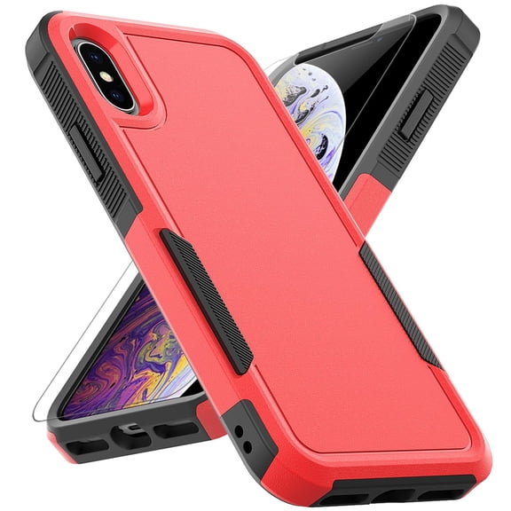 Dual Layer Phone Case compatible with Apple iPhone X/iPhone Xs, Shockproof Heavy Duty Rugged Bumper Cover with Screen Protector, Military Grade Drop Tested, Black