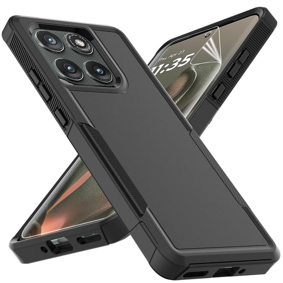 Dual Layer Phone Case compatible with Motorola Edge 2025, Shockproof Heavy Duty Rugged Protective Cover with HD Screen Protector, Military Protection Tough Bumper, Dark Green